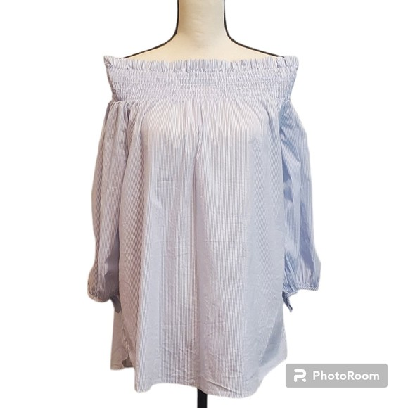 Signature Studio Blue and White Striped Off the Shoulder Blouse‎ Sz Med - Picture 1 of 7